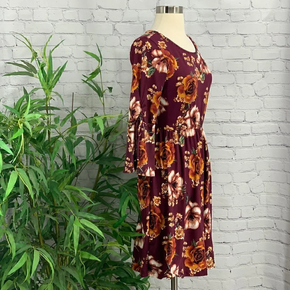 Gilli Maroon w/ Orange & Dusty Pink Floral Dress - Picture 3 of 8